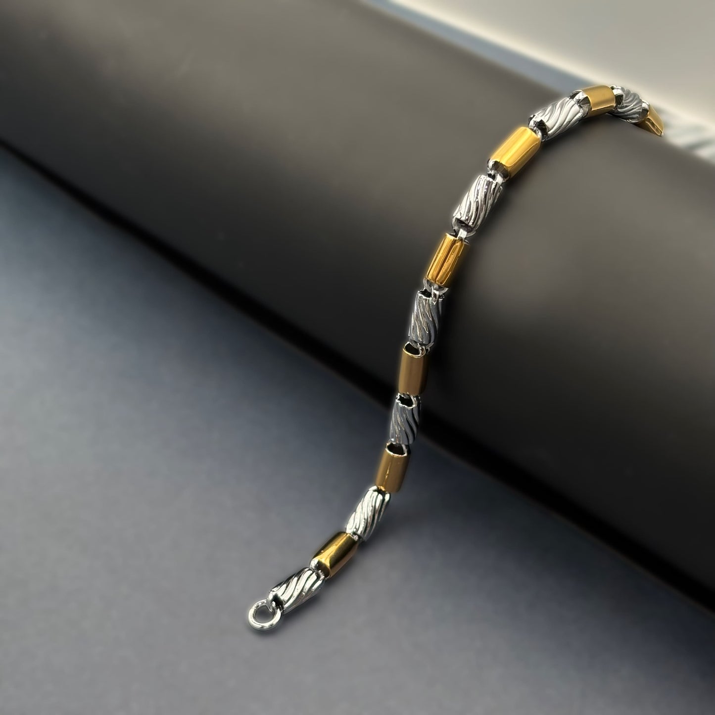 ✨ Gold Accent Barrel Link Premium Men’s Bracelet – Italian 92.5 Sterling Silver | Gold Rhodium Finish