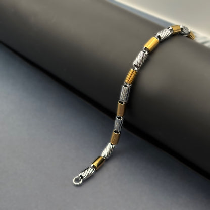 ✨ Gold Accent Barrel Link Premium Men’s Bracelet – Italian 92.5 Sterling Silver | Gold Rhodium Finish