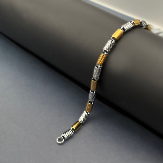 ✨ Gold Accent Barrel Link Premium Men’s Bracelet – Italian 92.5 Sterling Silver | Gold Rhodium Finish