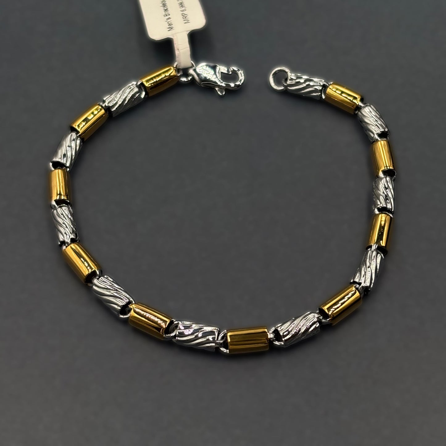 ✨ Gold Accent Barrel Link Premium Men’s Bracelet – Italian 92.5 Sterling Silver | Gold Rhodium Finish