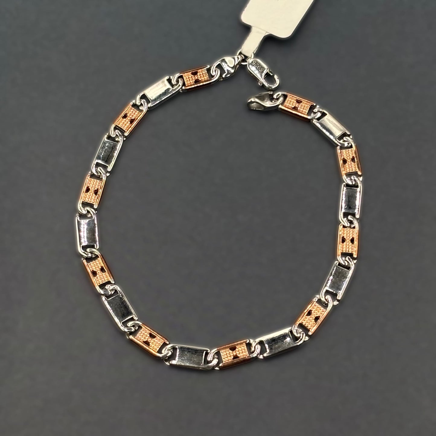 ✨ Dual-Tone Textured Link Premium Men’s Bracelet – Italian 92.5 Sterling Silver | Rose Gold Rhodium Finish