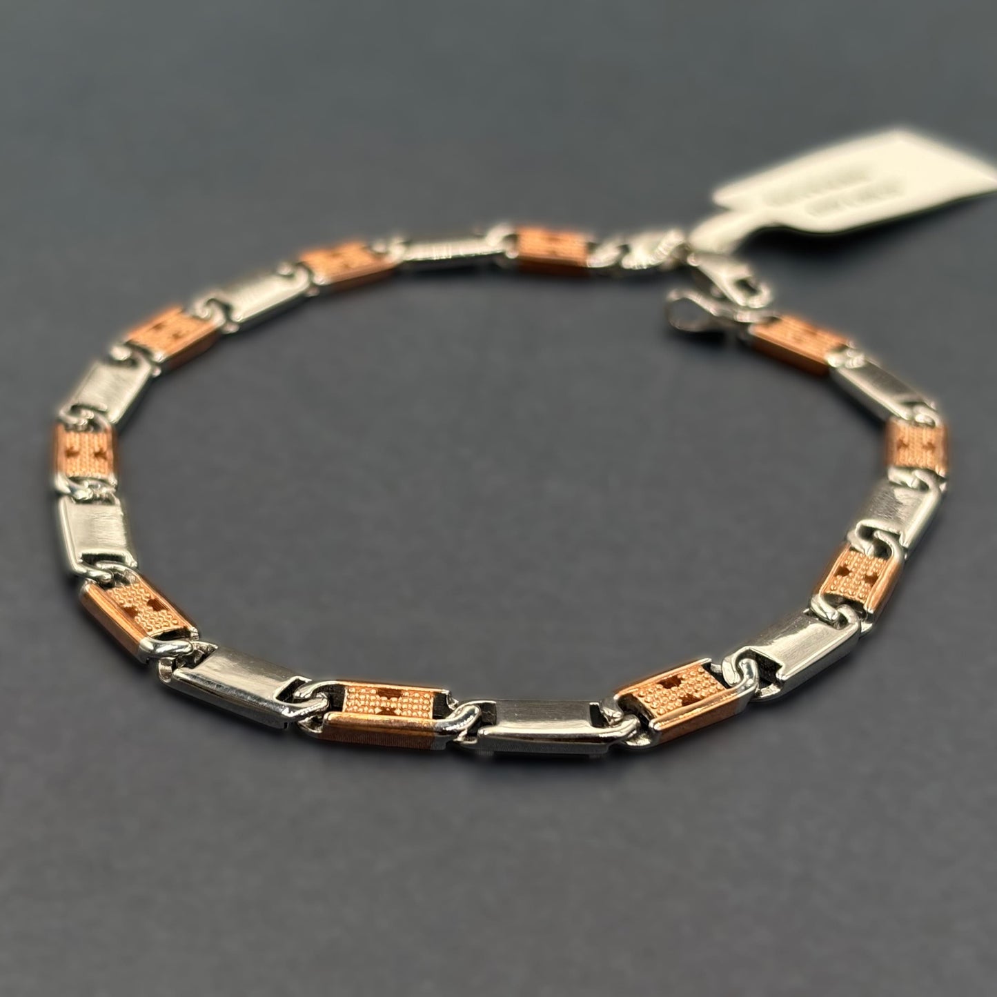 ✨ Dual-Tone Textured Link Premium Men’s Bracelet – Italian 92.5 Sterling Silver | Rose Gold Rhodium Finish