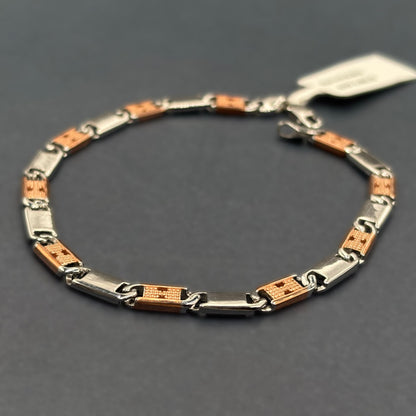✨ Dual-Tone Textured Link Premium Men’s Bracelet – Italian 92.5 Sterling Silver | Rose Gold Rhodium Finish