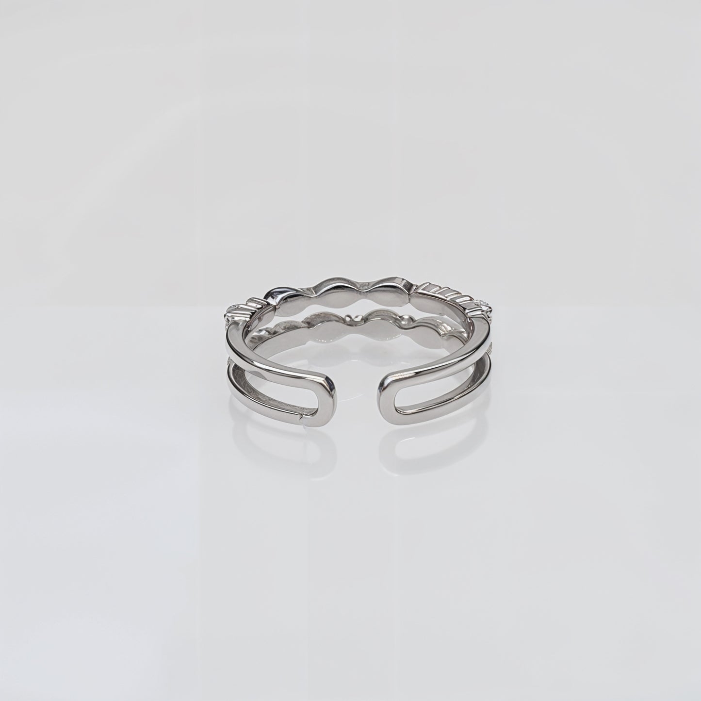 “Eternal Radiance Dual-Band CZ Silver Ring – Adjustable Free Size Elegance”