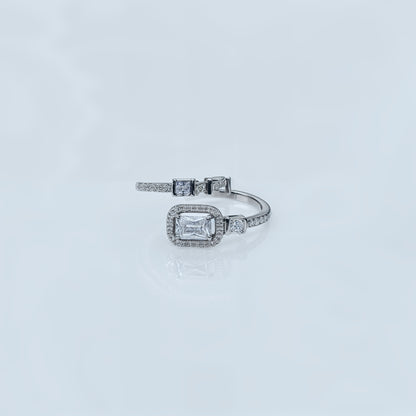 “Regal Emerald-Cut Halo Adjustable Ring – Italian 92.5 Silver Elegance”