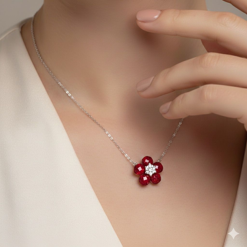 Royal Ruby Blossom Necklace in Italian 92.5 Silver